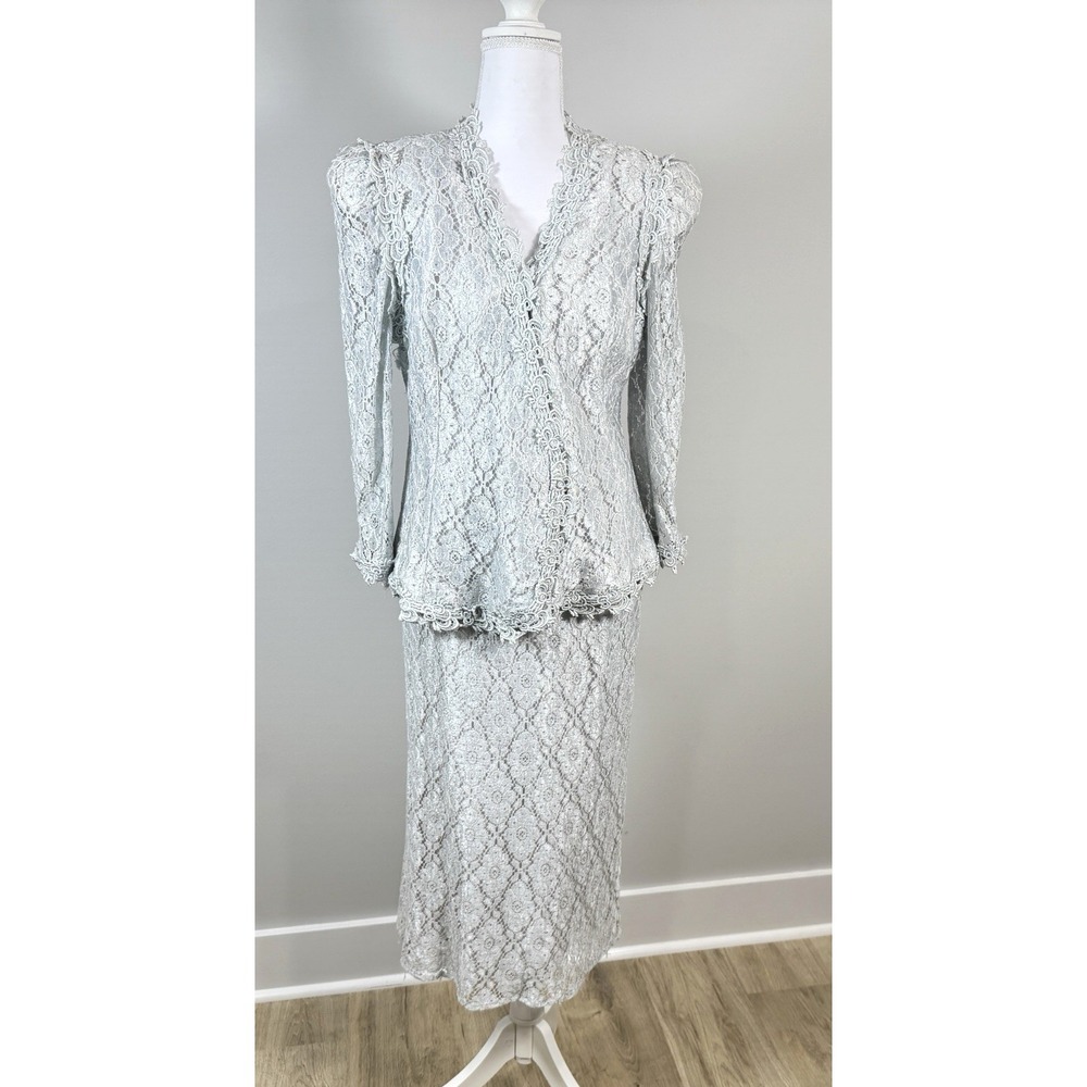 Vintage Cachet Bari Protas Silver Lace 2 Piece Skirt Suit 13/14 Cocktail S/M 80s